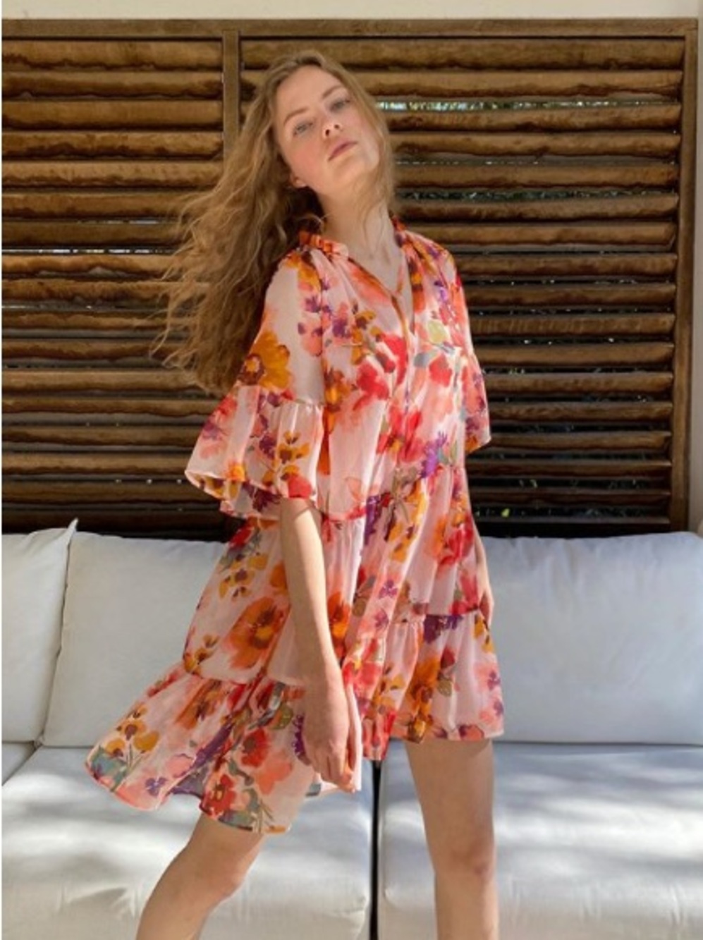 H&M Pink Floral Tiered Mini Dress with Red Purple Orange Accents